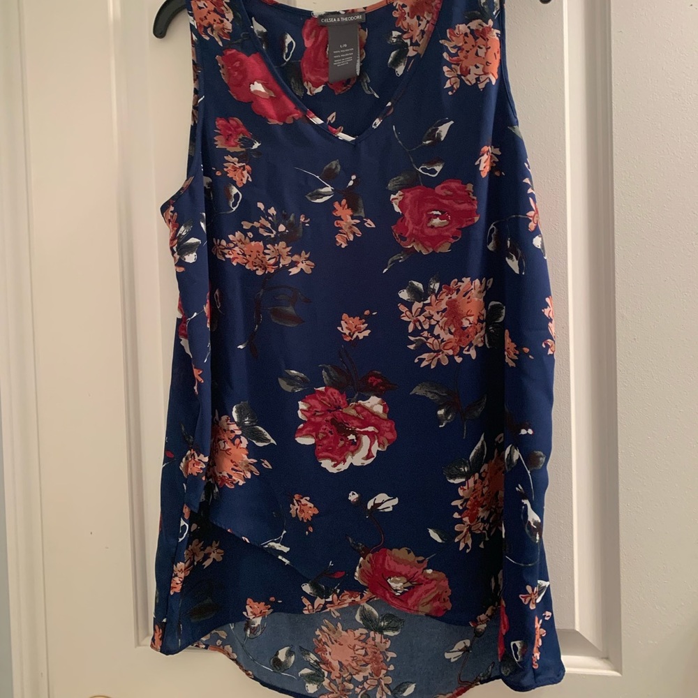 Navy and floral, tulip, high-low, shell.